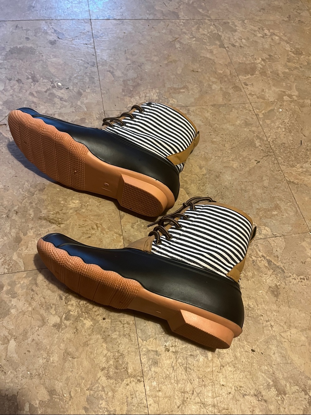 Womens Brown and Black Duck Boots with Striped Shaft - Picture 2 of 3